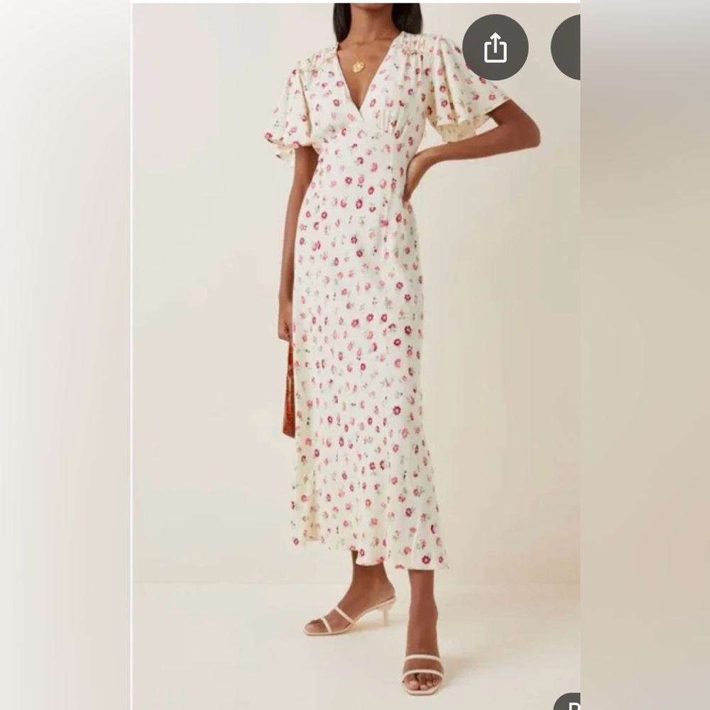 RIXO Red and White Puff Sleeve Midi Sundress